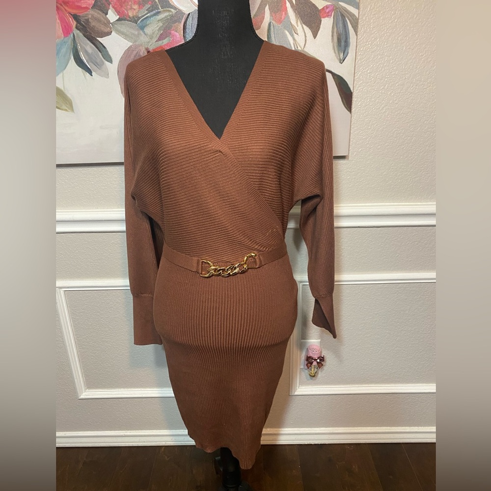 Brown Ribbed Sweater Dress - Picture 4 of 14